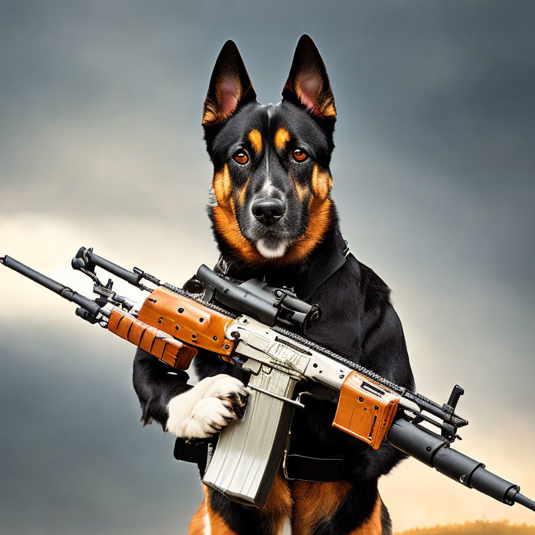 Black and Tan Fur Dog with Assault Rifle on Cloudy Sky Background