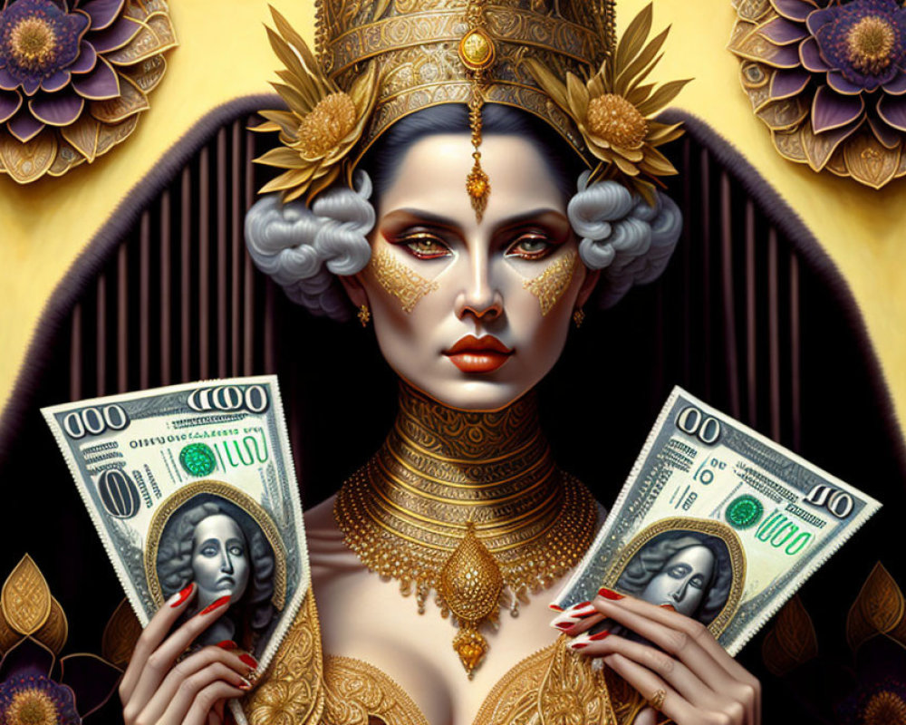 Stylized artwork of woman with golden headgear and money, set against floral background