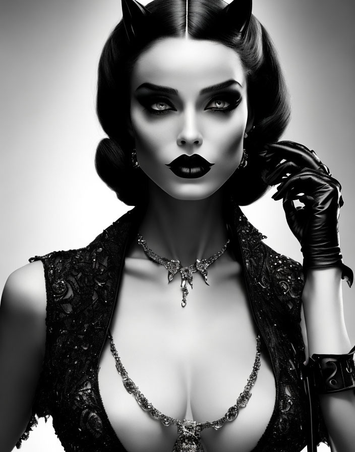 Monochrome photo of woman in vintage attire with horned headpiece & leather gloves