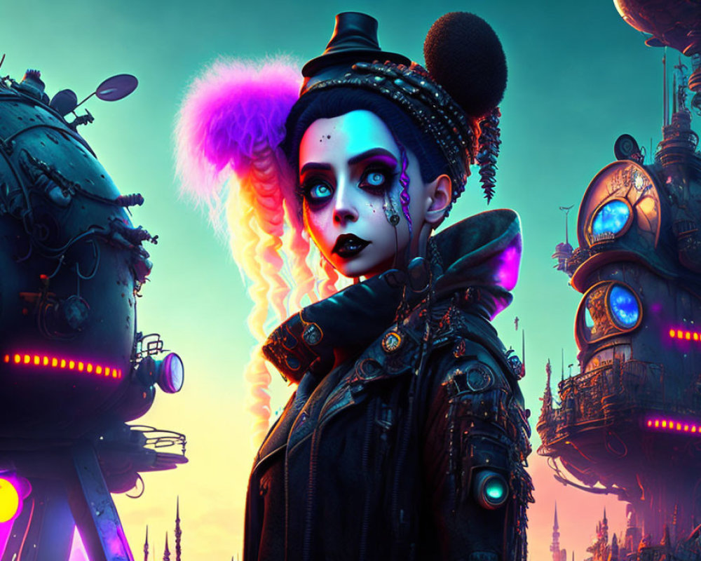 Gothic clown-like character in front of neon futuristic cityscape