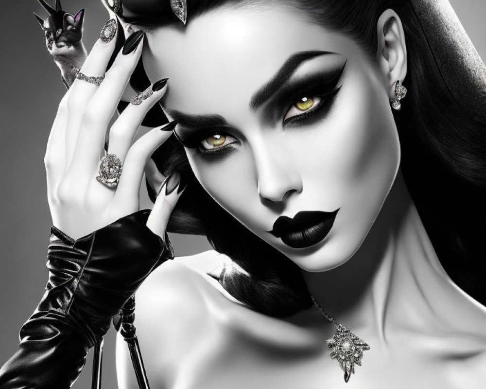 Monochrome portrait of woman with dark makeup and gothic accessories