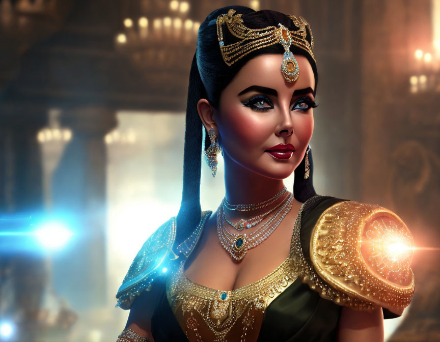 Digital Artwork: Woman in Ancient Egyptian-Style Attire with Elaborate Jewelry