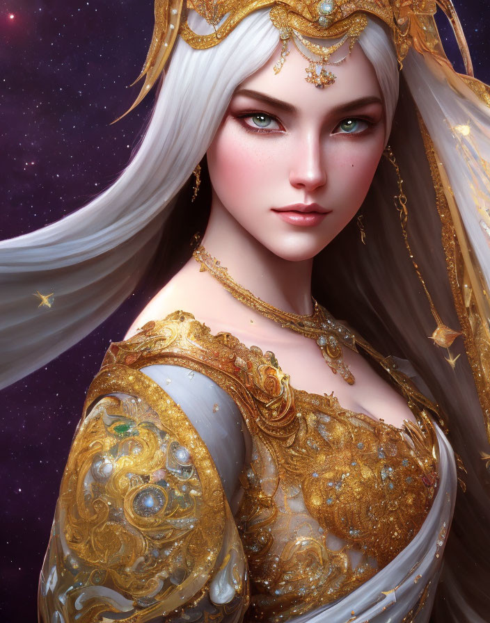 Illustration of woman with green eyes in gilded attire on starry background