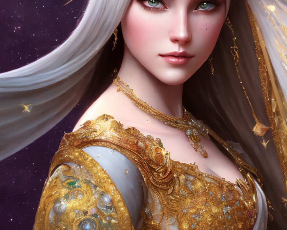 Illustration of woman with green eyes in gilded attire on starry background