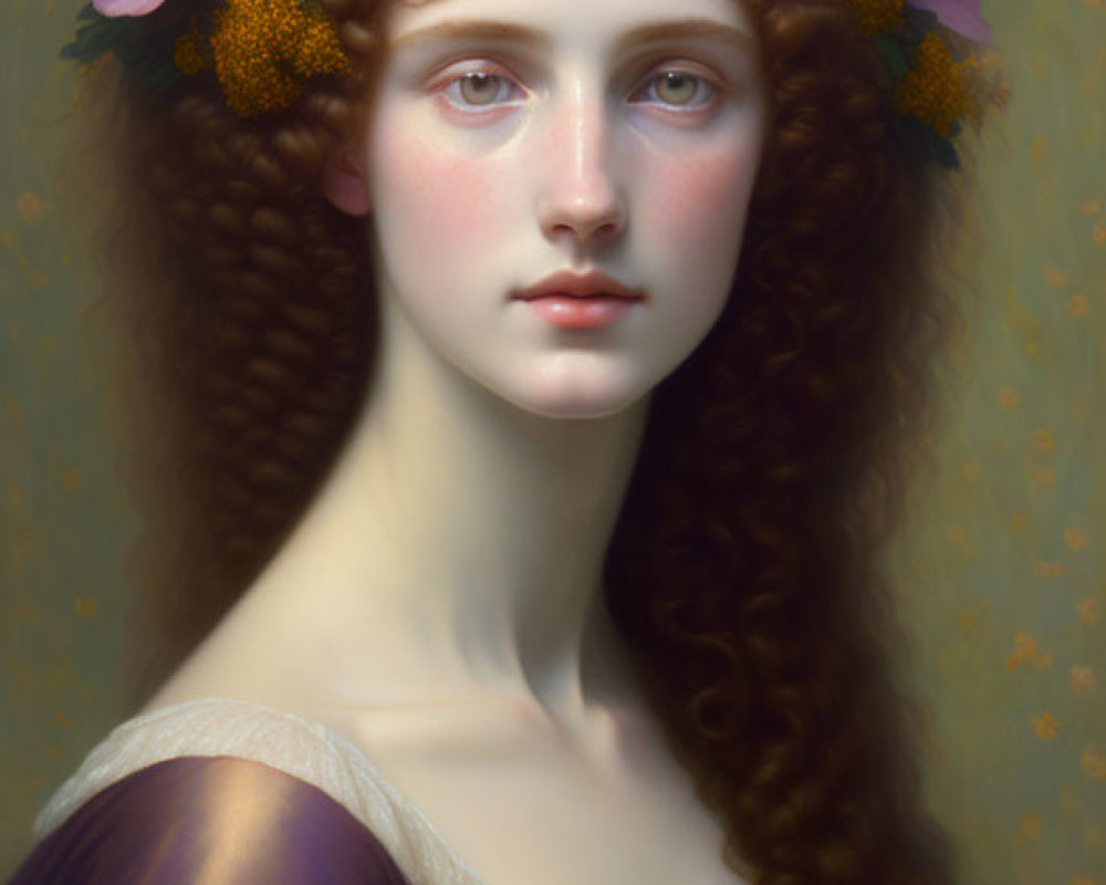 Portrait of Woman with Long Curly Hair and Floral Wreath in Purple Dress