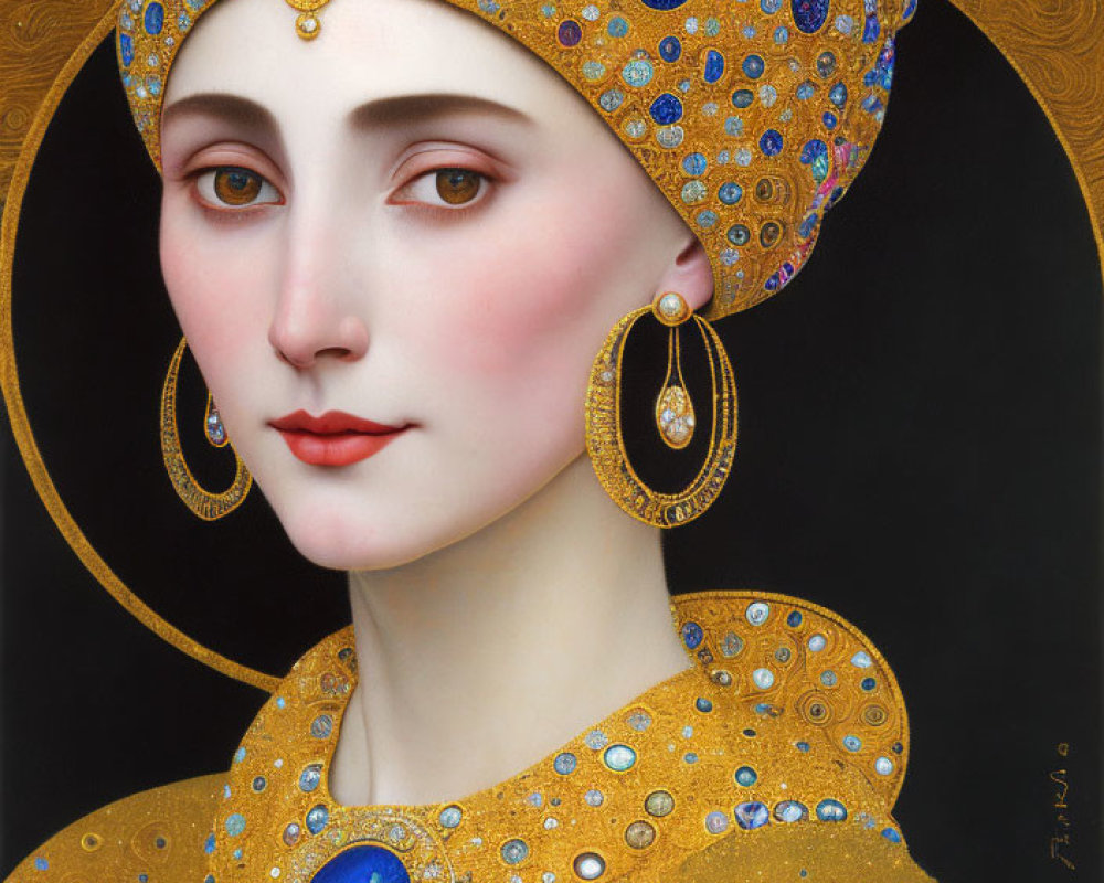 Serene woman portrait with golden headdress and blue gemstones