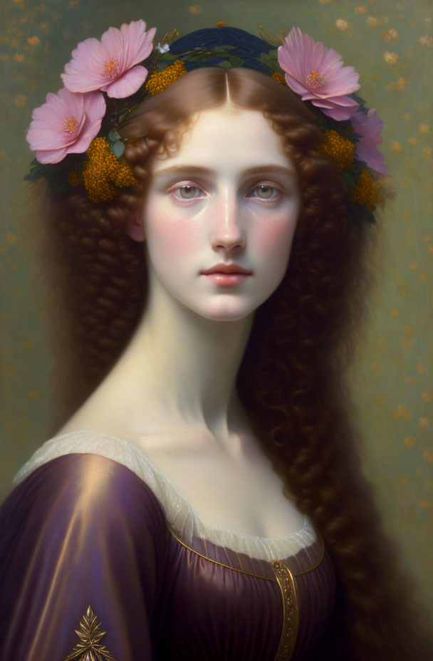 Portrait of Woman with Long Curly Hair and Floral Wreath in Purple Dress