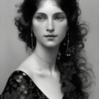 Portrait of Woman with Long Curly Hair and Floral Wreath in Purple Dress