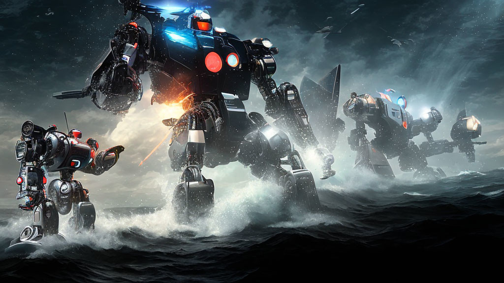 Blue-Lit Futuristic Robots in Ocean Battle Under Stormy Sky