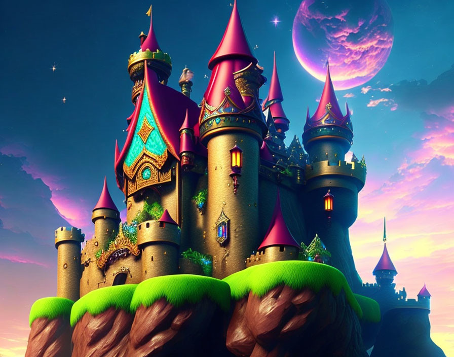 Fantastical castle on floating island under twilight sky