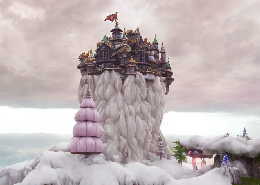 Enchanting castle on cloud-like formation with pink trees under dreamy sky