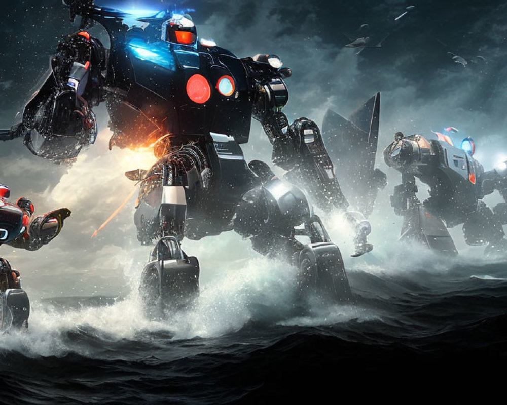 Blue-Lit Futuristic Robots in Ocean Battle Under Stormy Sky