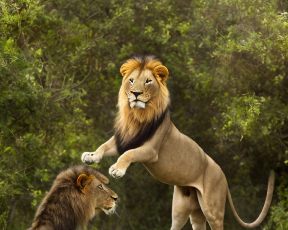 Male lion playfully confronts another lion in grassy setting.