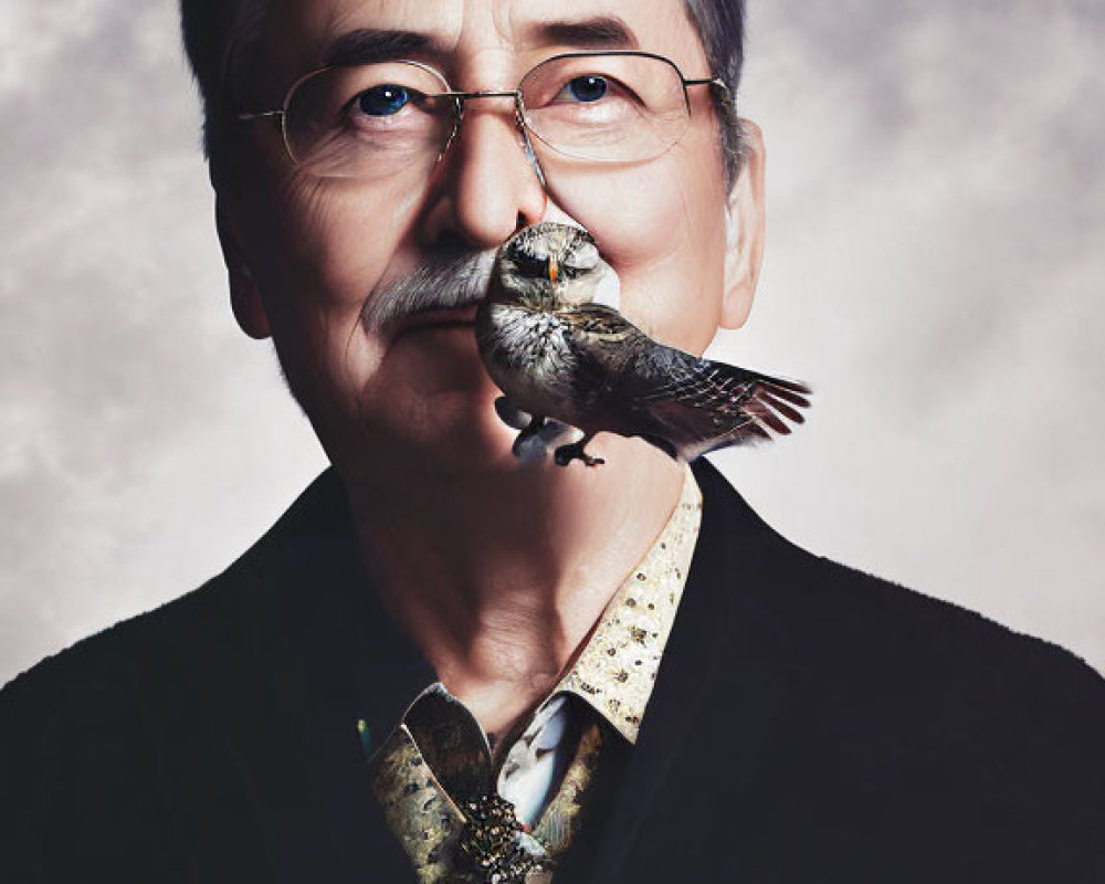 Elderly man with mustache, bird on hand, against mottled backdrop