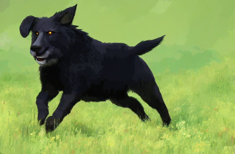 Happy black dog running in green meadow with yellow flowers