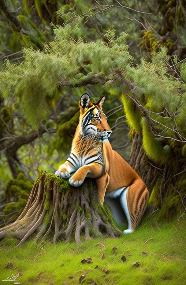 Majestic tiger resting on moss-covered tree stump in lush green forest