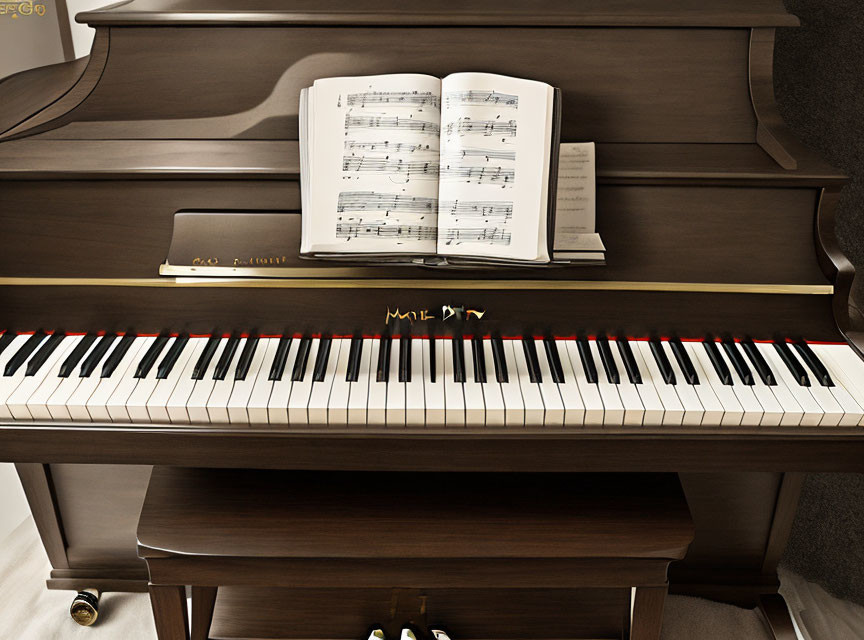 Detailed view of open sheet music book on wooden grand piano with black and white keys.