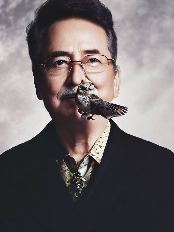 Elderly man with mustache, bird on hand, against mottled backdrop