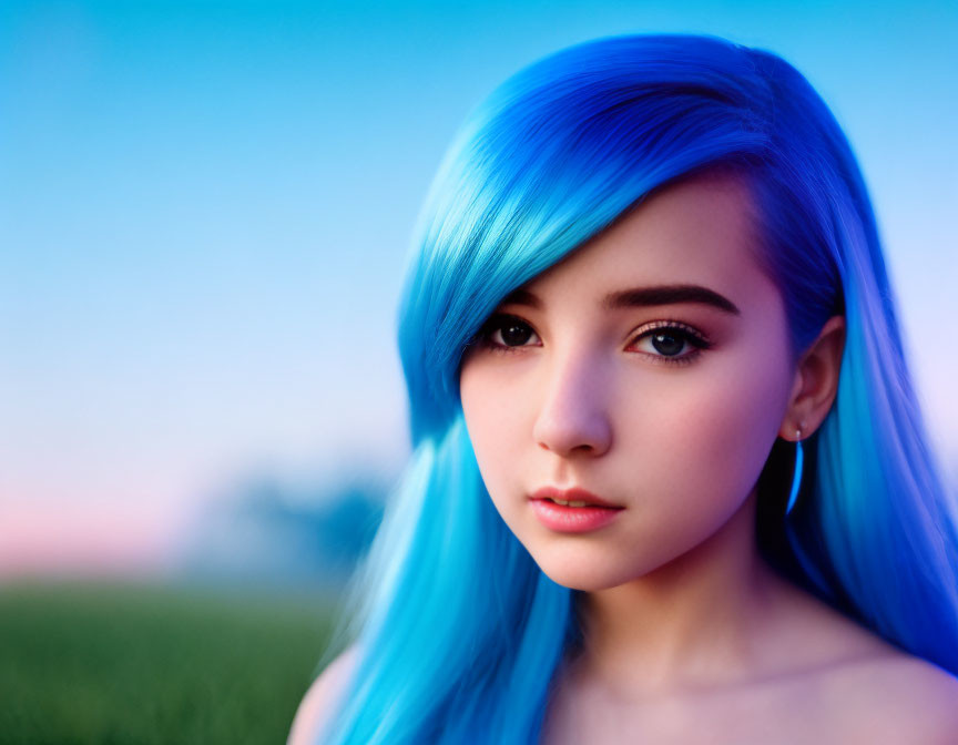 Person with Vibrant Blue Hair Against Twilight Sky and Greenery