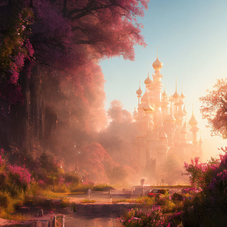 Golden Castle in Fantasy Forest with Pink Foliage