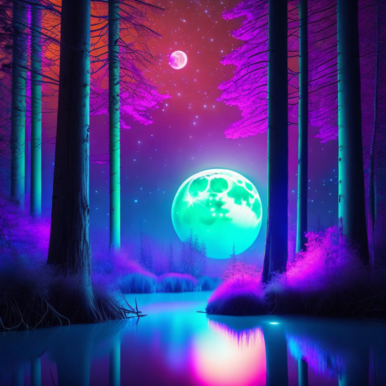 Digital artwork: Neon-lit forest with green moon over river