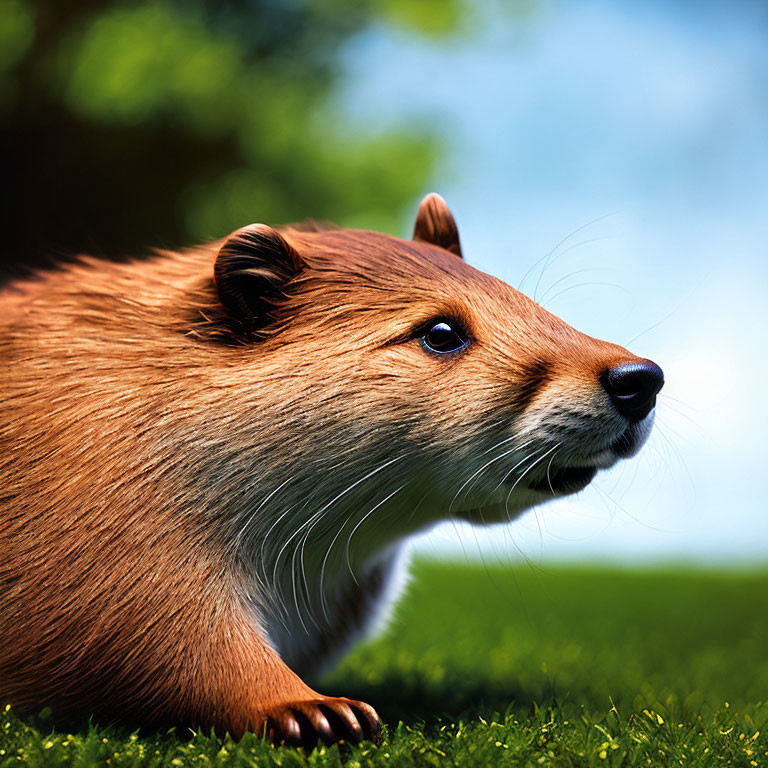 Close-up of capybara in grassy field with blue sky - brown fur, calm expression