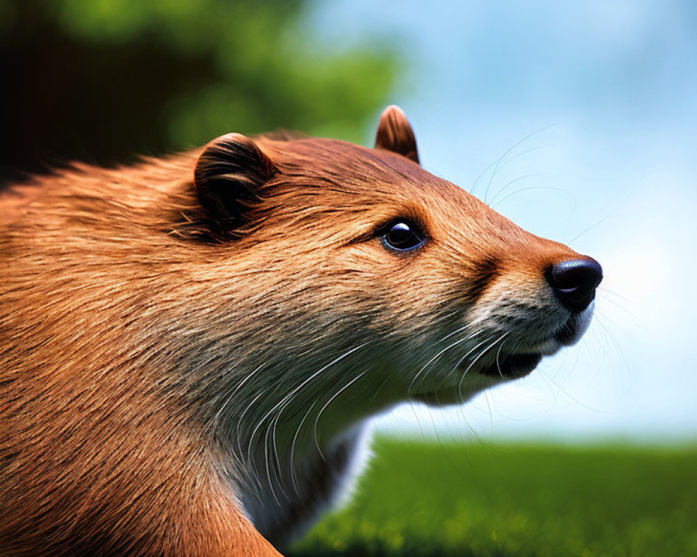 Close-up of capybara in grassy field with blue sky - brown fur, calm expression