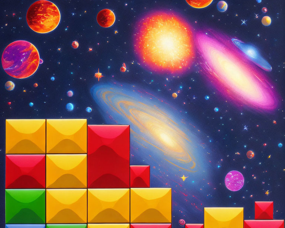 Vibrant Cosmic Scene with Colorful Planets and Tetris Blocks