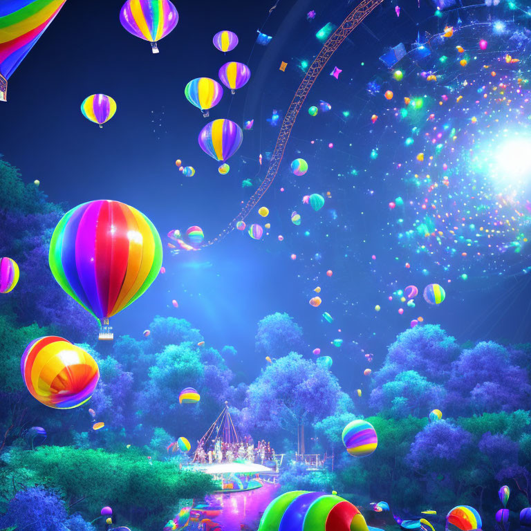 Colorful hot air balloons, ferris wheel, roller coaster in magical forest setting