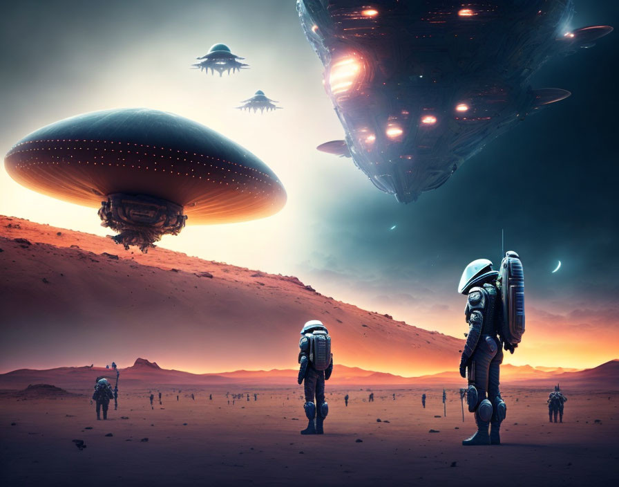 Astronauts on red alien landscape with hovering spaceships