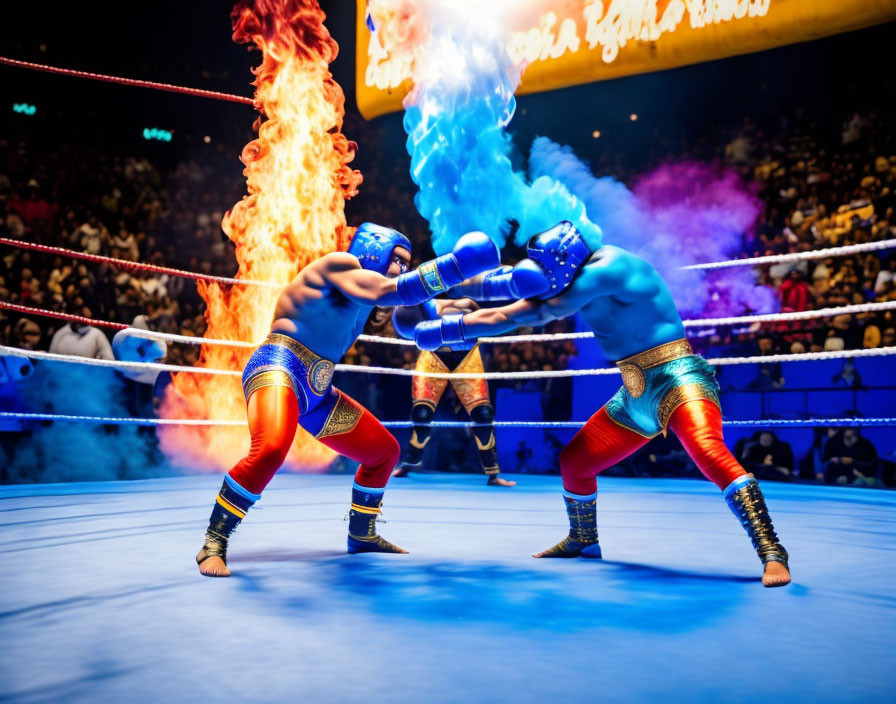 Wrestlers in Blue and Red Costumes Grappling in Ring with Theatrical Flames