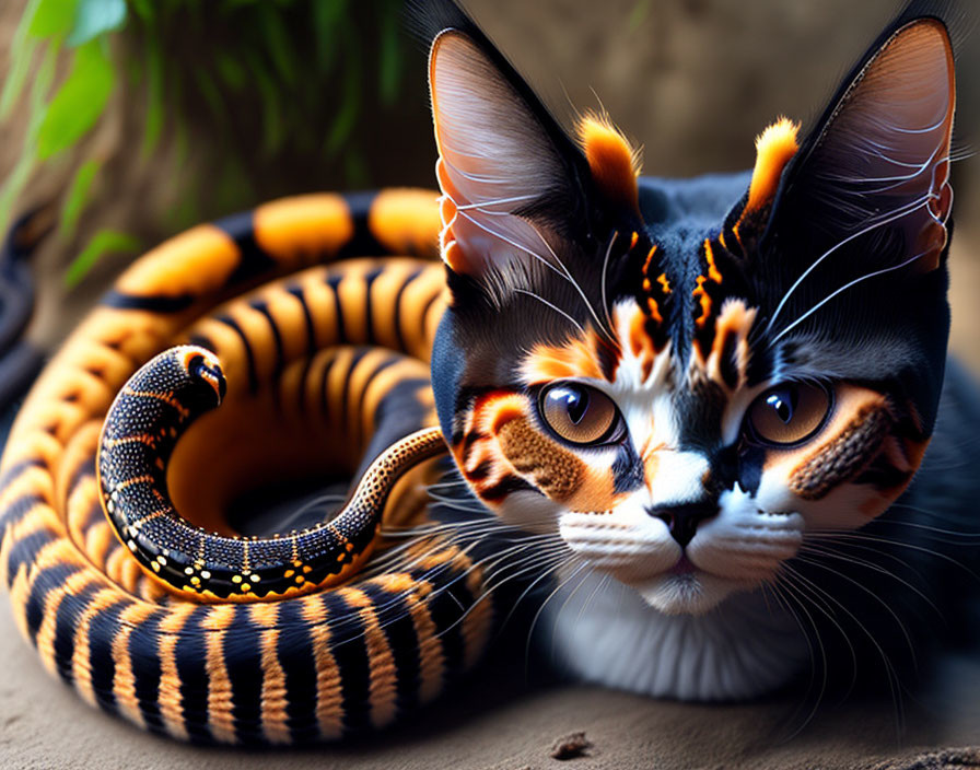 Digital artwork of cat head merged with snake body