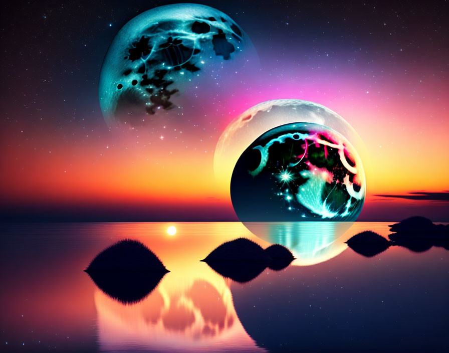 Vibrant patterned planets over serene ocean sunset