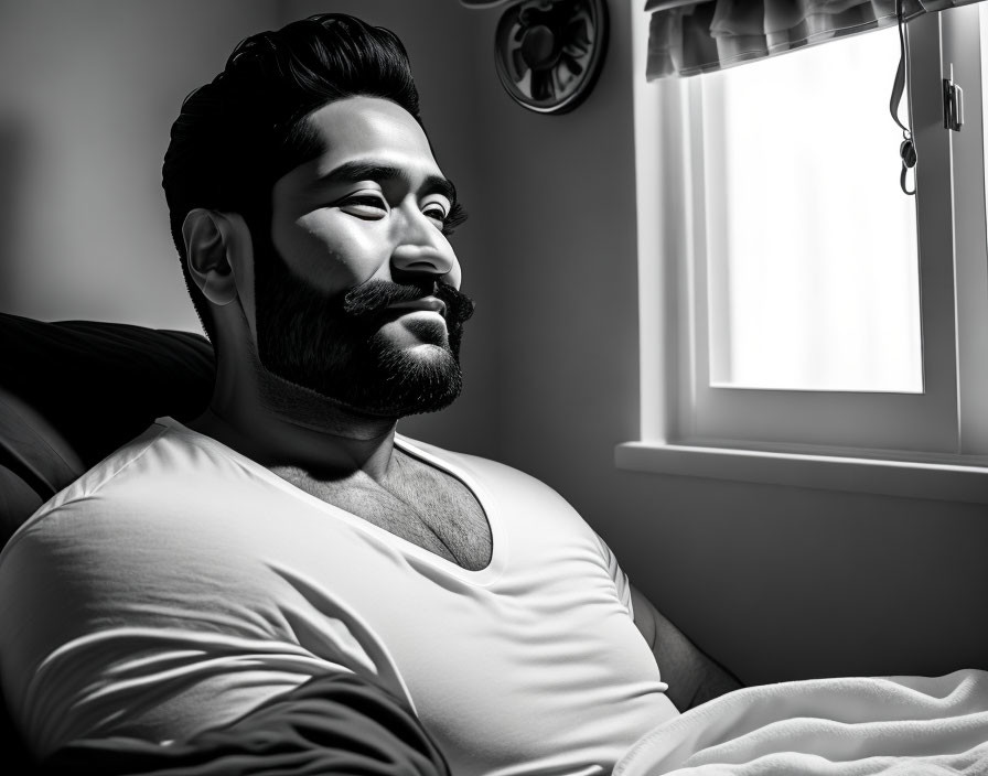 Monochrome image: Bearded man in white t-shirt by window