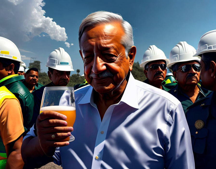 Illustration of man with beer glass and workers in hard hats under clear sky