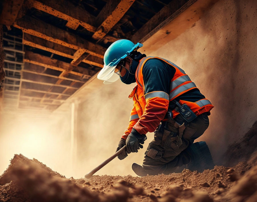 Construction worker in orange safety vest and helmet shoveling at dusty bridge site