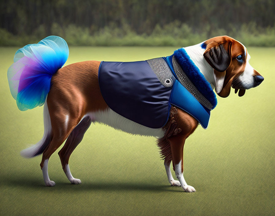 Beagle in Blue and Turquoise Tutu and Vest on Grassy Surface