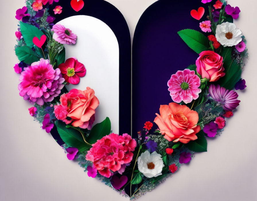 Heart-shaped vibrant flower arrangement on purple background symbolizing love.