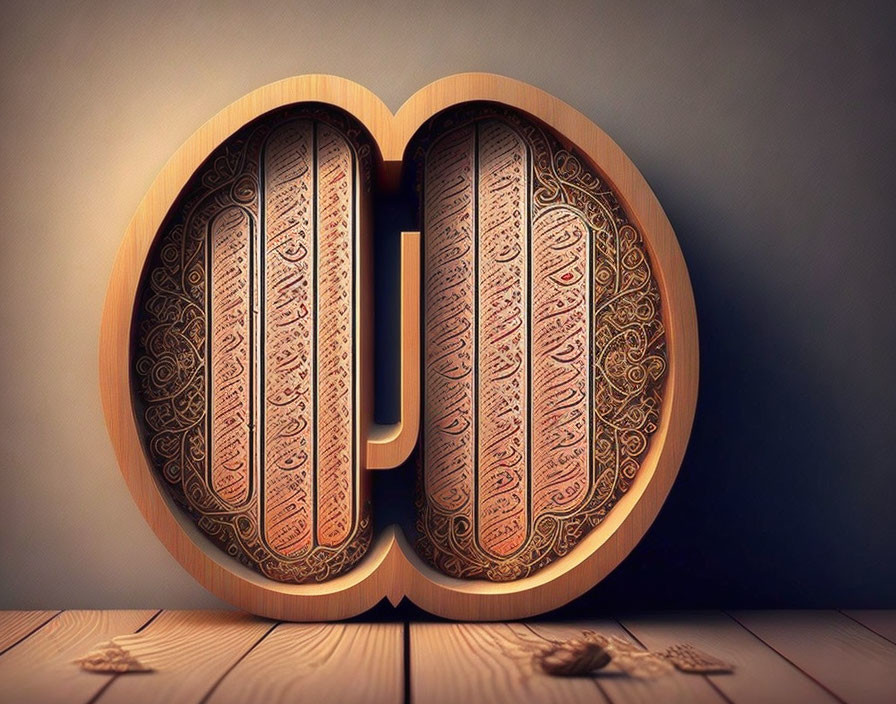 Circular Wooden Book with Intricate Designs on Wooden Surface