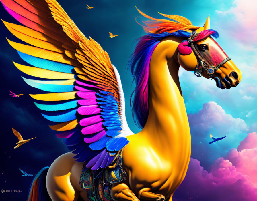 Golden winged horse statue with multicolored feathers in sky with birds and airplane