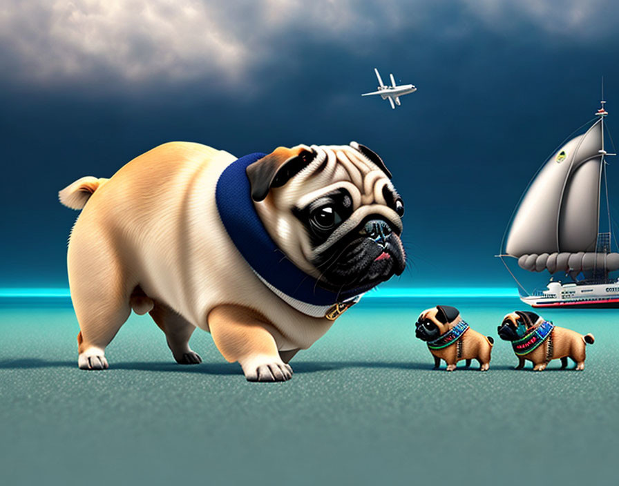 Three pugs against surreal backdrop of plane and sailboat