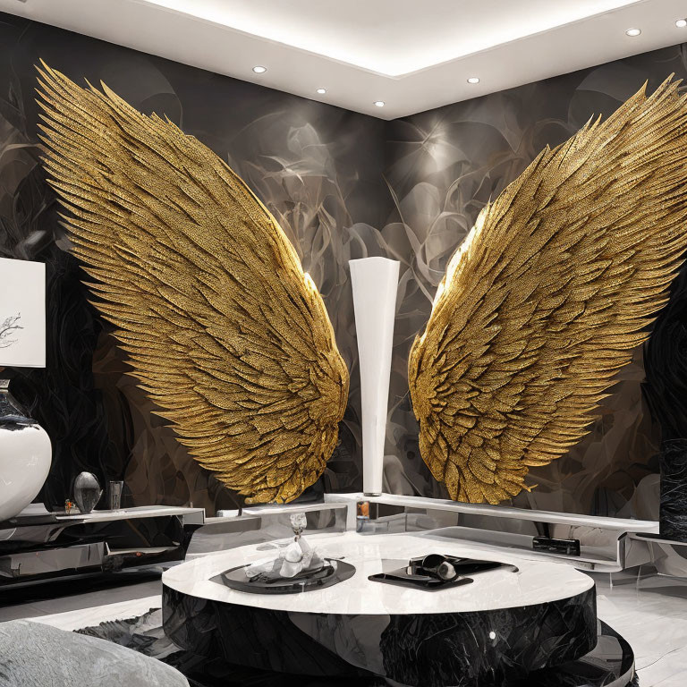 Luxurious Room with Golden Angel Wings and White Furniture