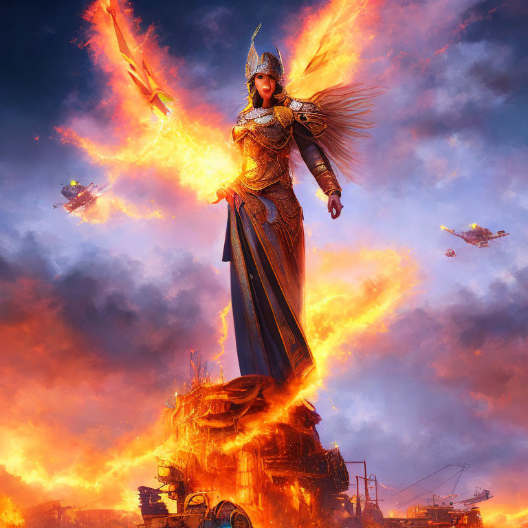 Fiery-winged warrior on burning structure amid flying chariots