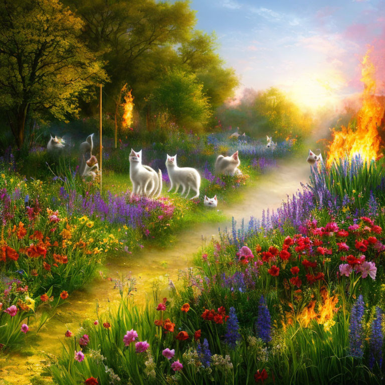 Colorful Flower Garden with Ghostly White Cats at Sunset