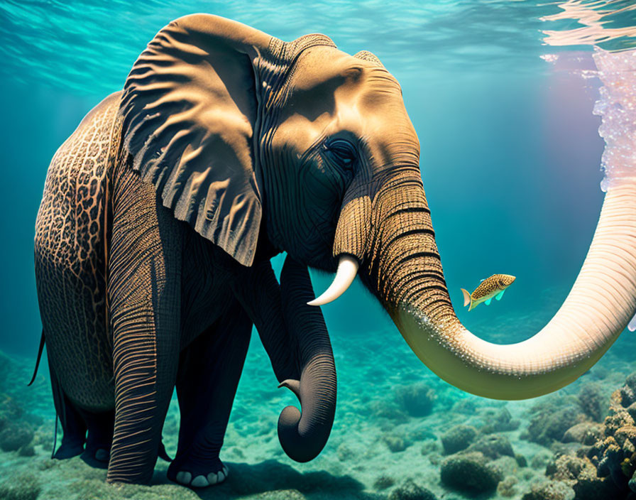 Elephant underwater with fish and flora in clear blue water