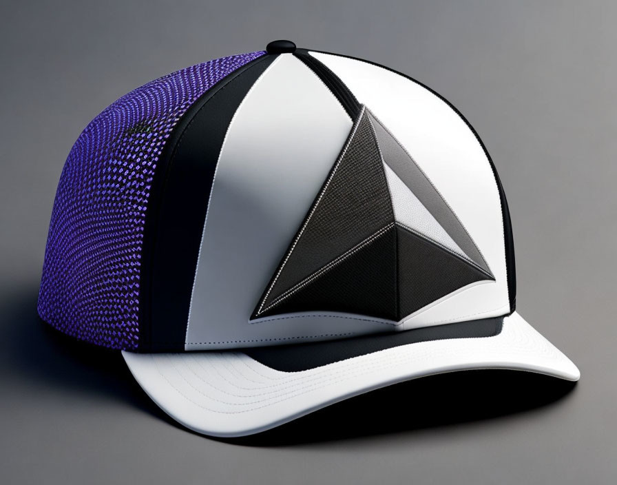 White and Silver Baseball Cap with Black Triangular Emblem and Mesh Side Panels