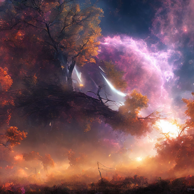 Vibrant autumn forest scene with mystical sky and shooting stars