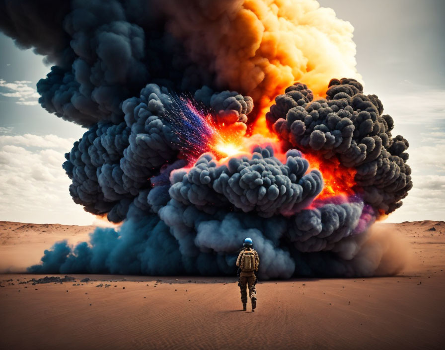 Vibrant orange and blue explosion in desert scene