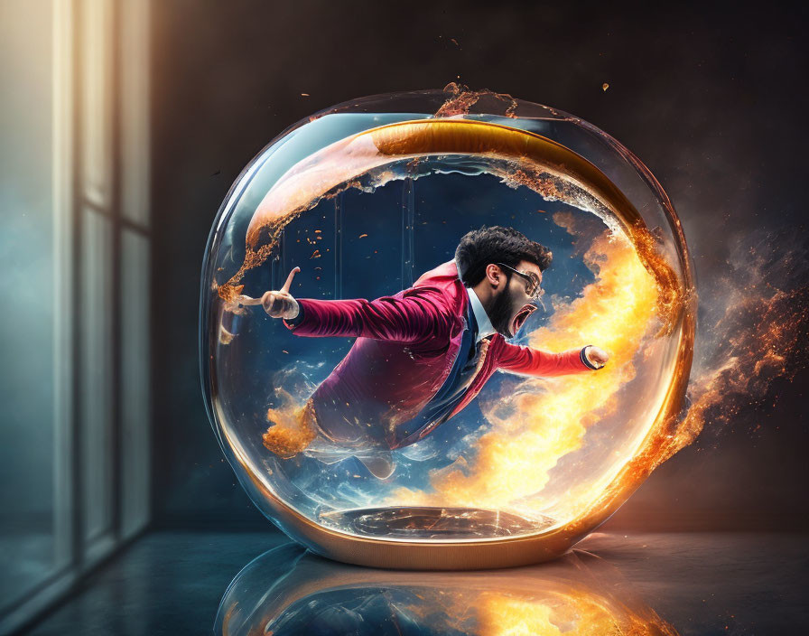 Man in Pink Jacket Leaping Through Fiery Portal in Transparent Bubble