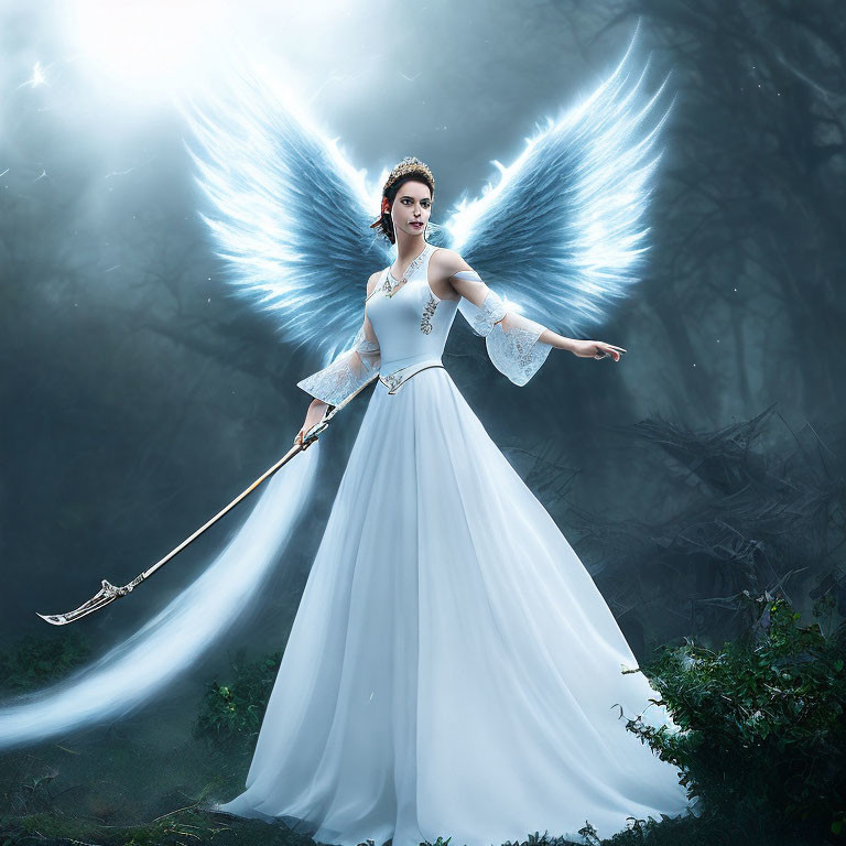 Woman in white dress with angel wings in misty forest holding slender weapon